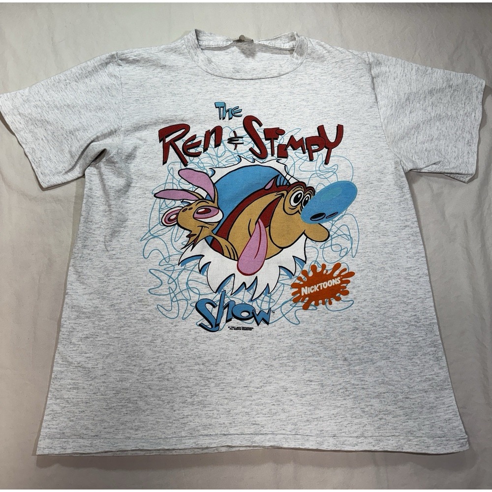 Vintage 1991 Ren and Stimpy Show T Shirt Gray Single Stitch Large USA